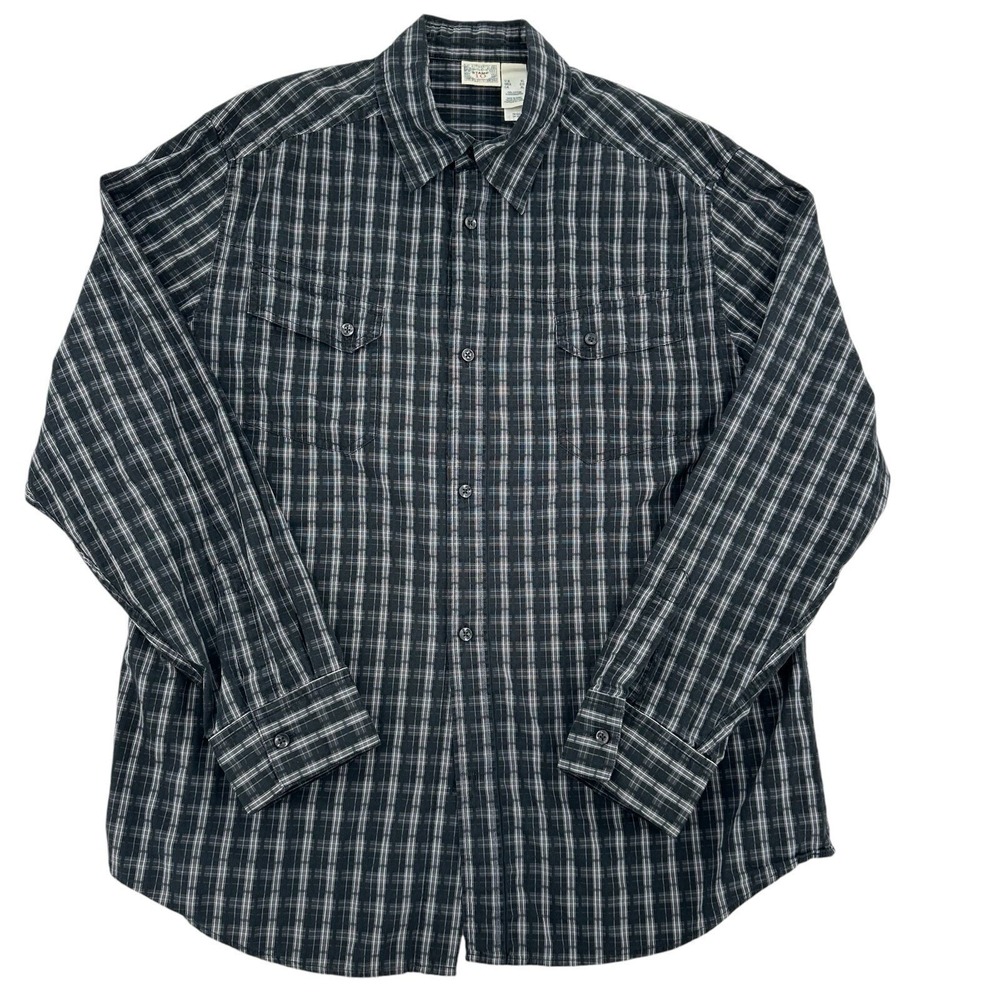 Stamp 10 Plaid Button Down Shirt Long Sleeve Cotton Black Outdoors Casual Men XL